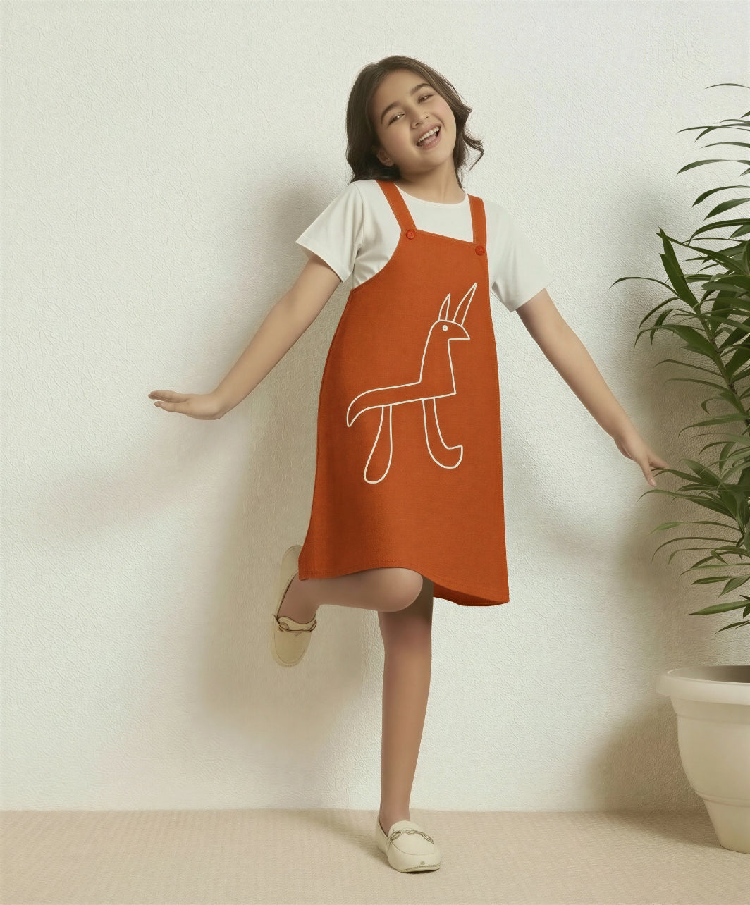 SHORT TOP WITH KNEE-LENGTH DUNGAREE DRESS