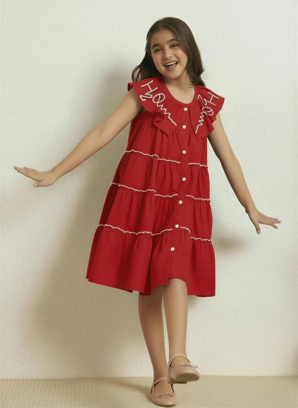 RED SHIRT STYLE TIERED DRESS FOR GIRLS