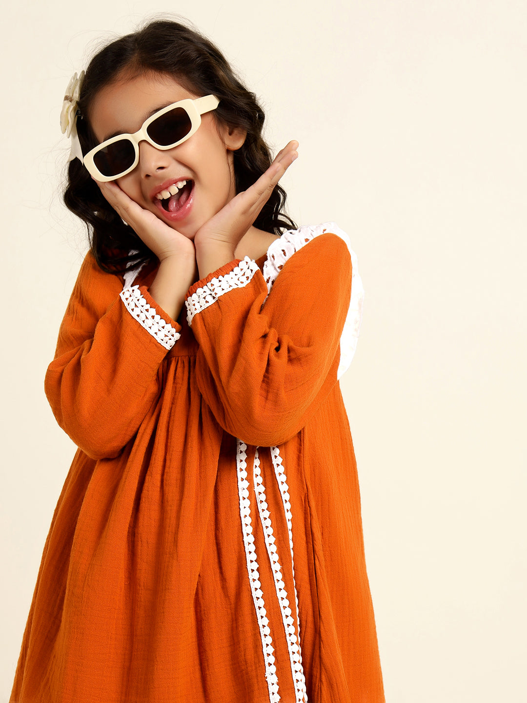 Pure Cotton With Schiffli Tiered Dress For Girls