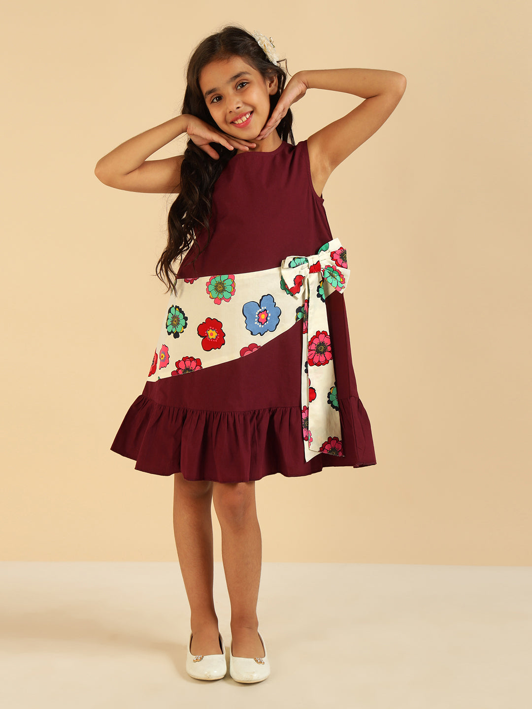 Wine With Floral Printed Bow Style Girls Dress