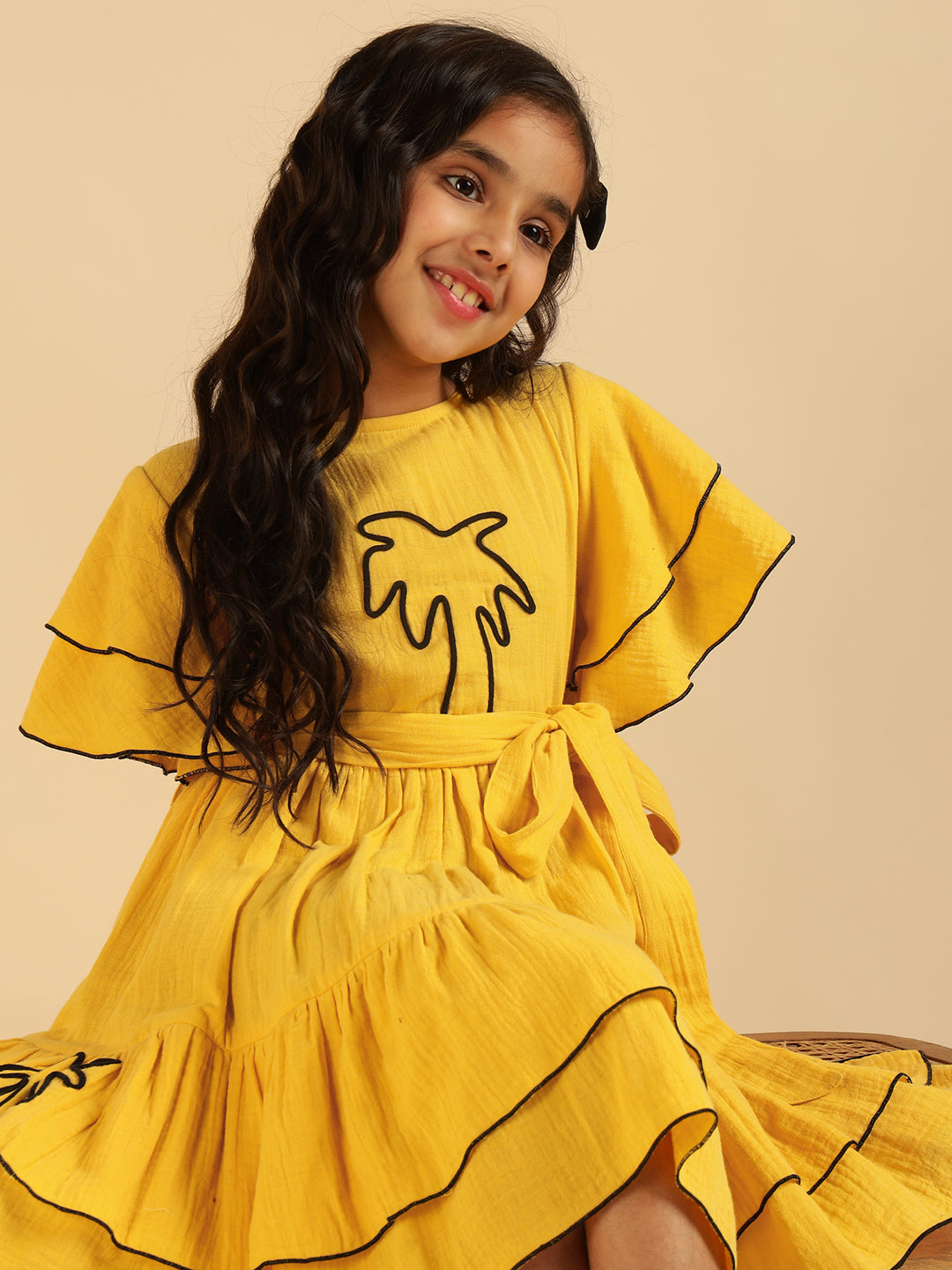 Yellow Embroidered Palm Motif Pure Cotton Gauze Girls Dress