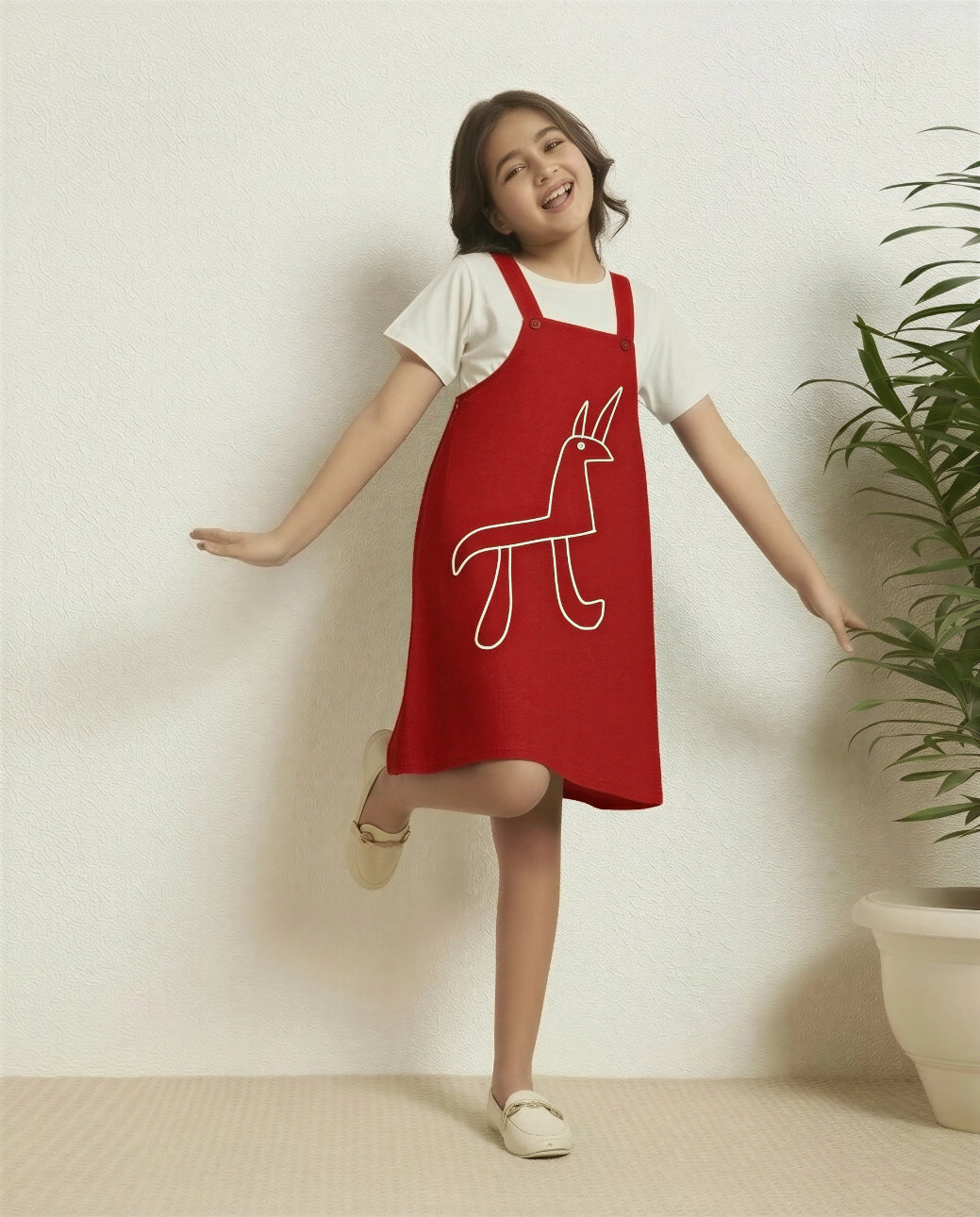 SHORT TOP WITH KNEE-LENGTH DUNGAREE DRESS