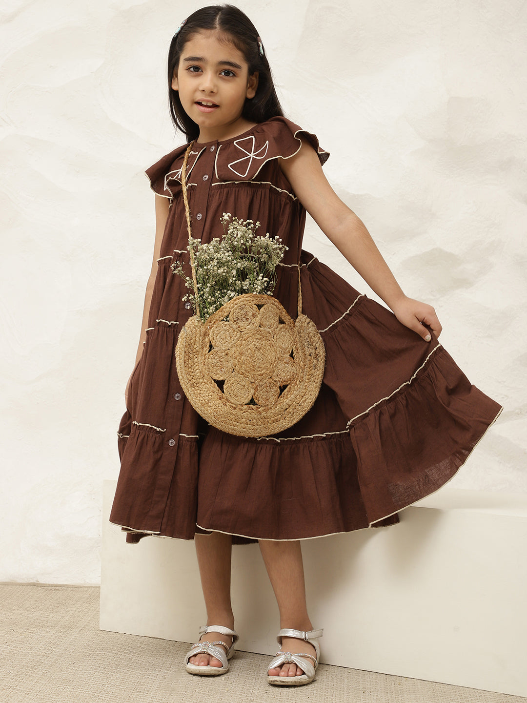 Pure Cotton Brown Embroidered Tiered Dress