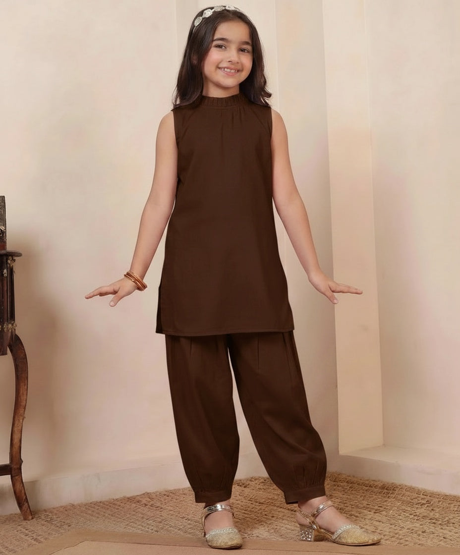 Dark Brown Cotton Kurta With Pant Girls Co-ord Set