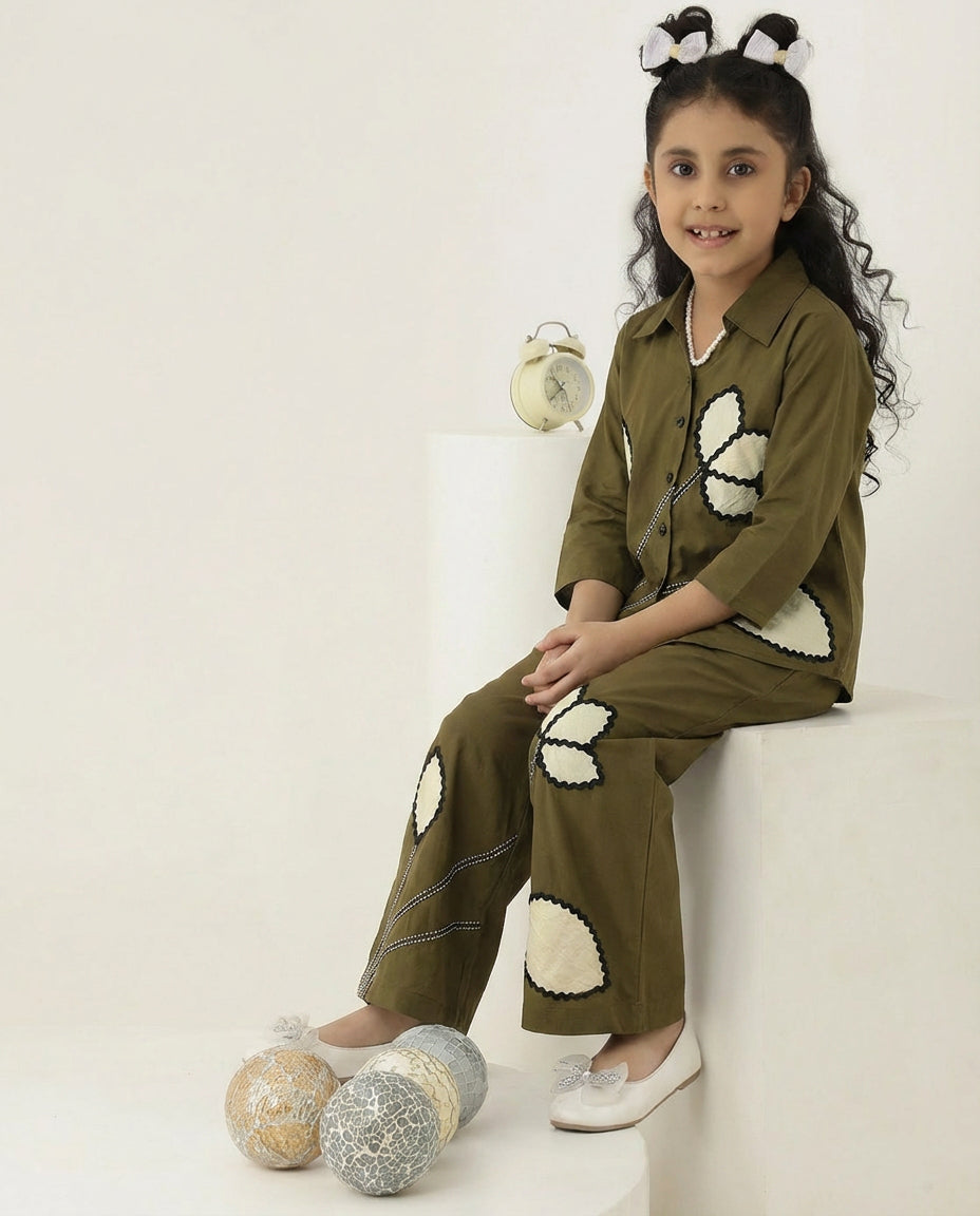 Olive Green Cotton  Patch Floral Shirt With Pant Girl Co-ord Set
