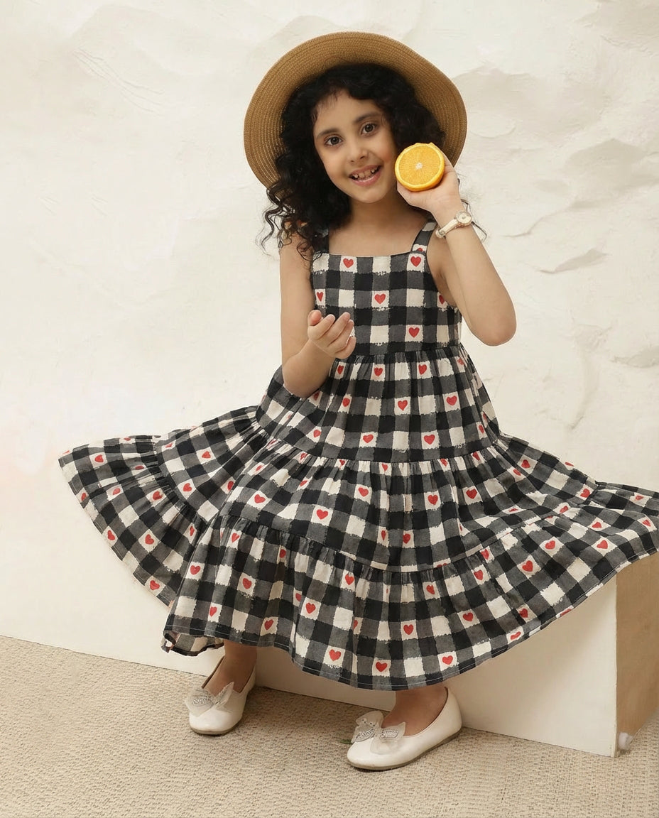 Adjustable Check Heart Print Tiered Dress