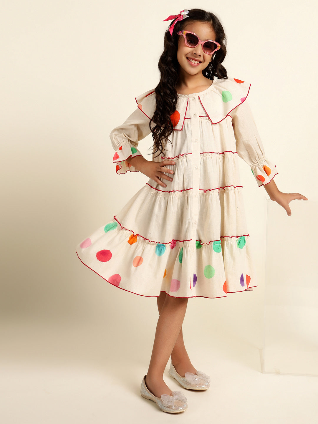 Polka Print Tiered Shirt Dress For Girl