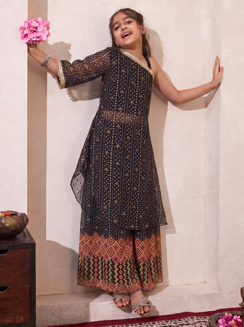 Black Bandhani Border Chiffon One Shoulder Kurta With Palazzo