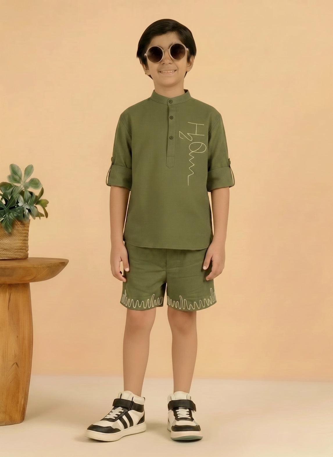 Olive Green Cotton Mandarin Collar Embroidered Short Kurta With Short Co-ord Set