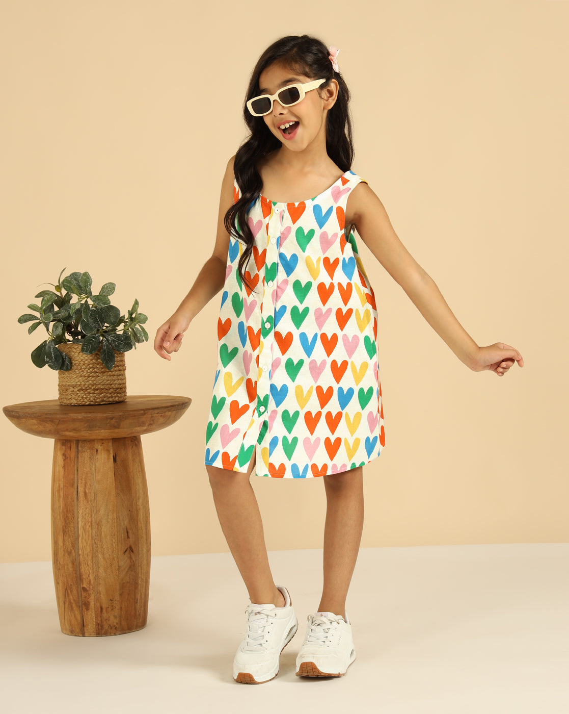 Pure Cotton A-Line Heart Printed Girls Shirt Dress