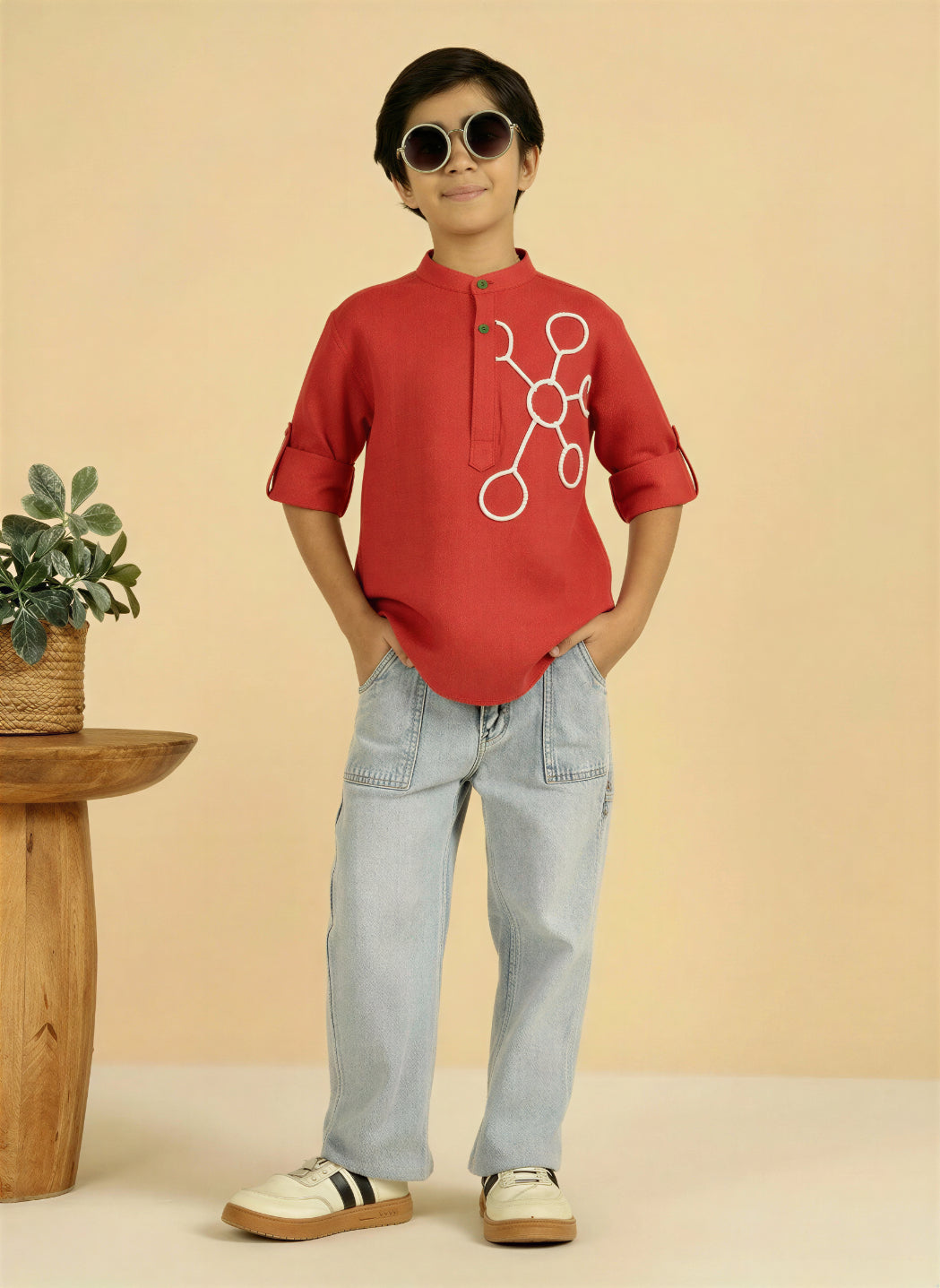 Red Color Cotton Calf Length Kurta For Boys