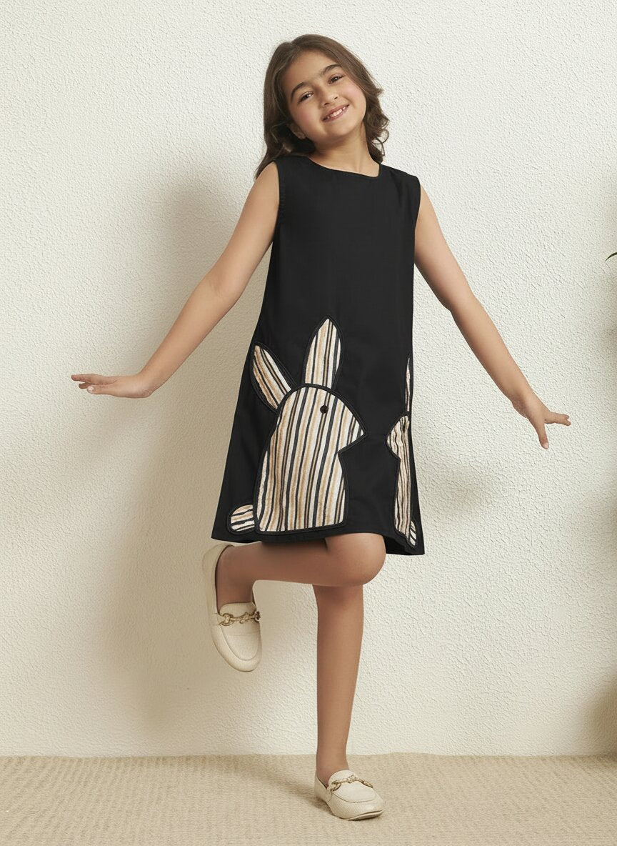 Girl's Black Playful Bunny Cotton Poplin Solid With Stripe A-Line Dress