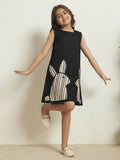 Girl's Black Playful Bunny Cotton Poplin Solid With Stripe A-Line Dress