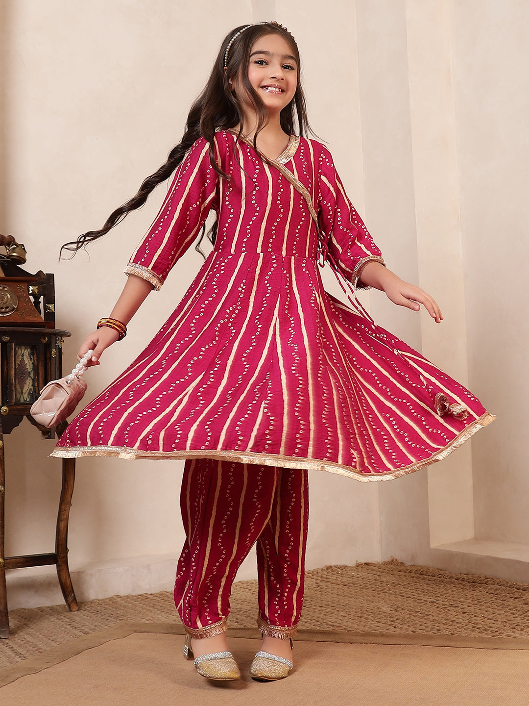 Angrakha Style Bandhani Kurta With Pants Set