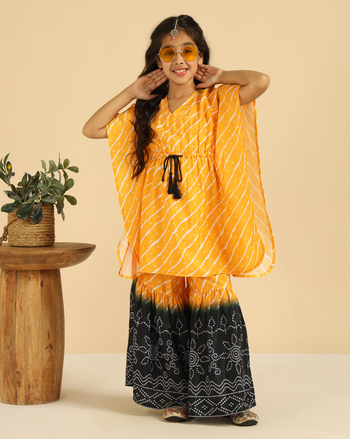 Yellow Striped Kaftan With Sharara Indo Western Girls Co-Ord Set