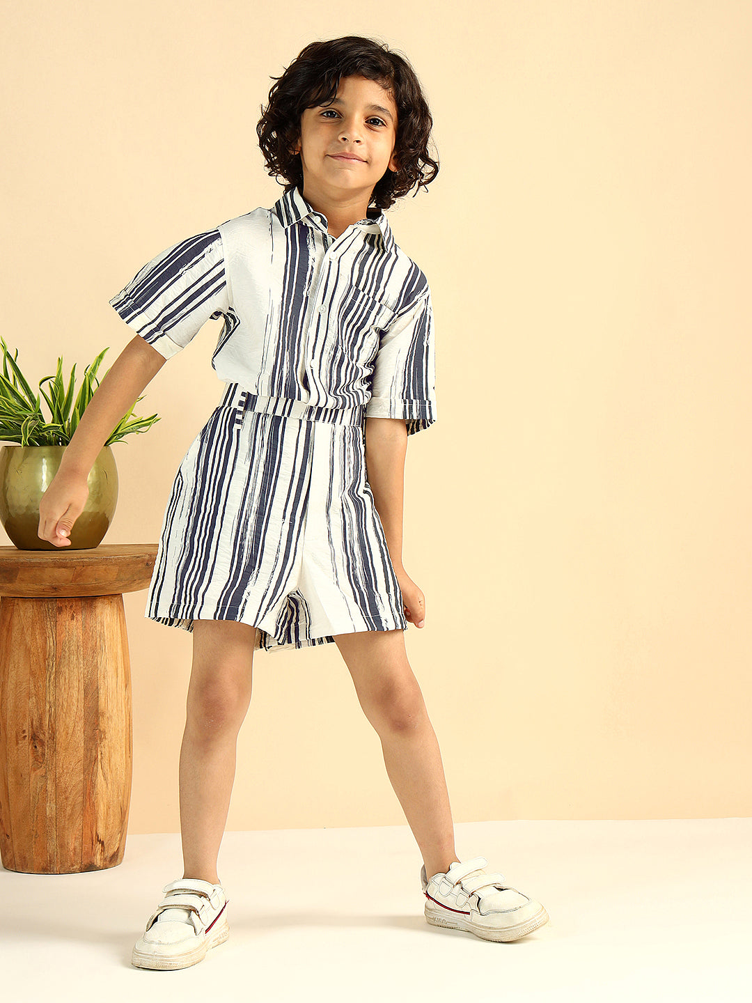 Grey Striped Shirt With Shorts Boys Co-Ord Set