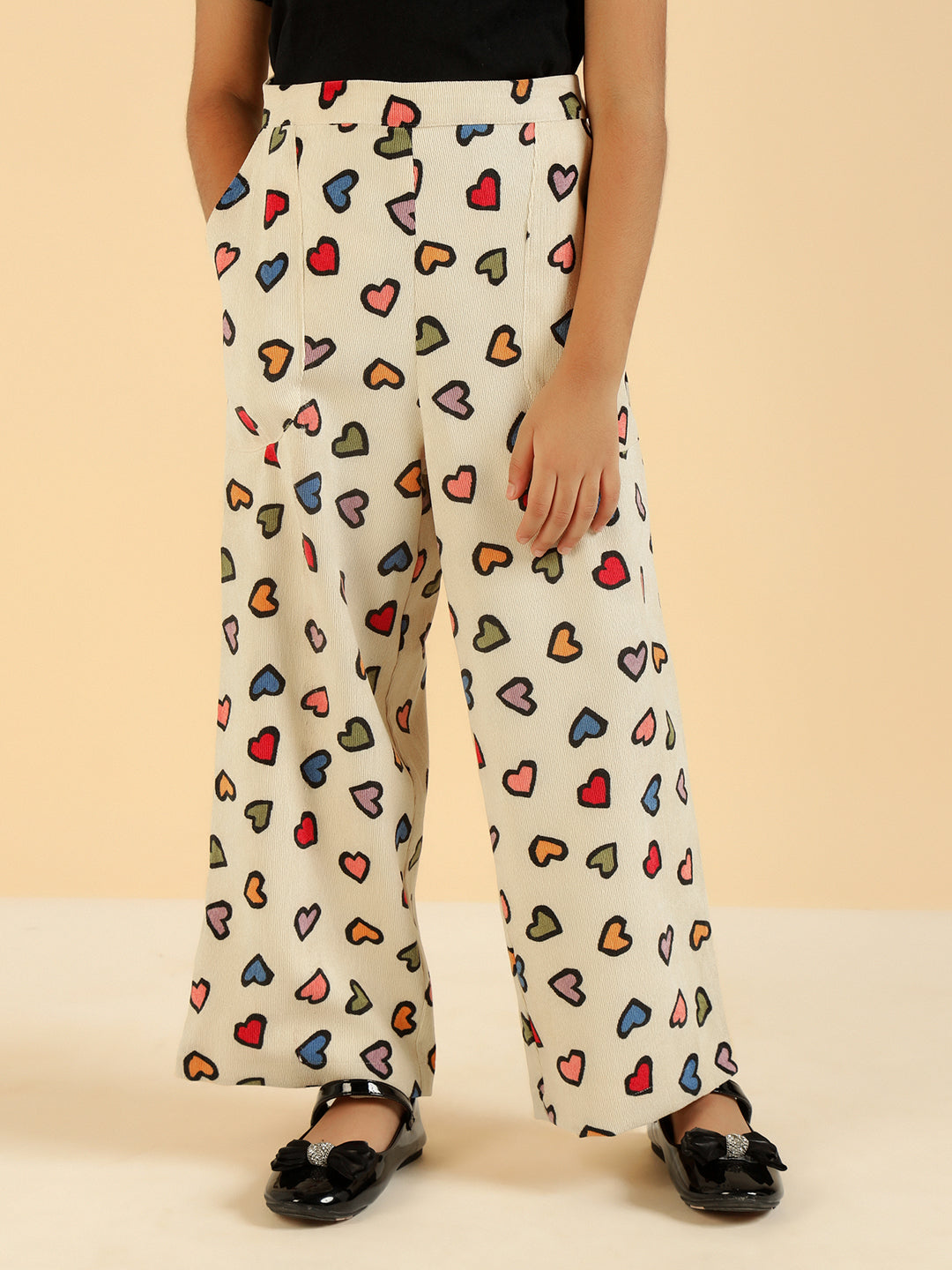 Heart Print MultiColor Patch Pocket Pant For Girl