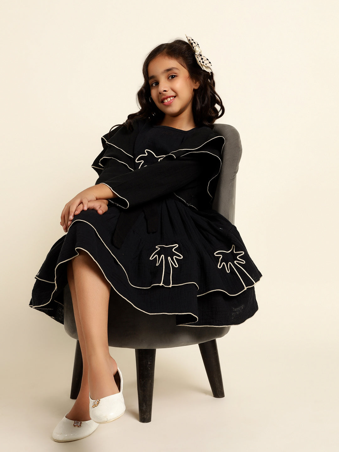 Black Embroidered Palm Motif Pure Cotton Dress For Girl