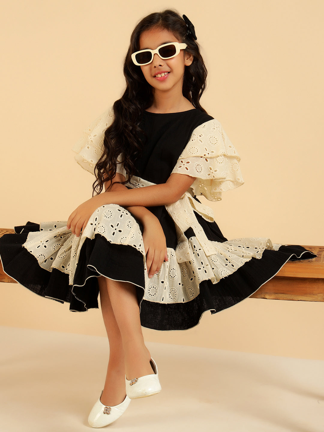 Pure Cotton Embroidered Schiffli Tiered Layered Girls Dress
