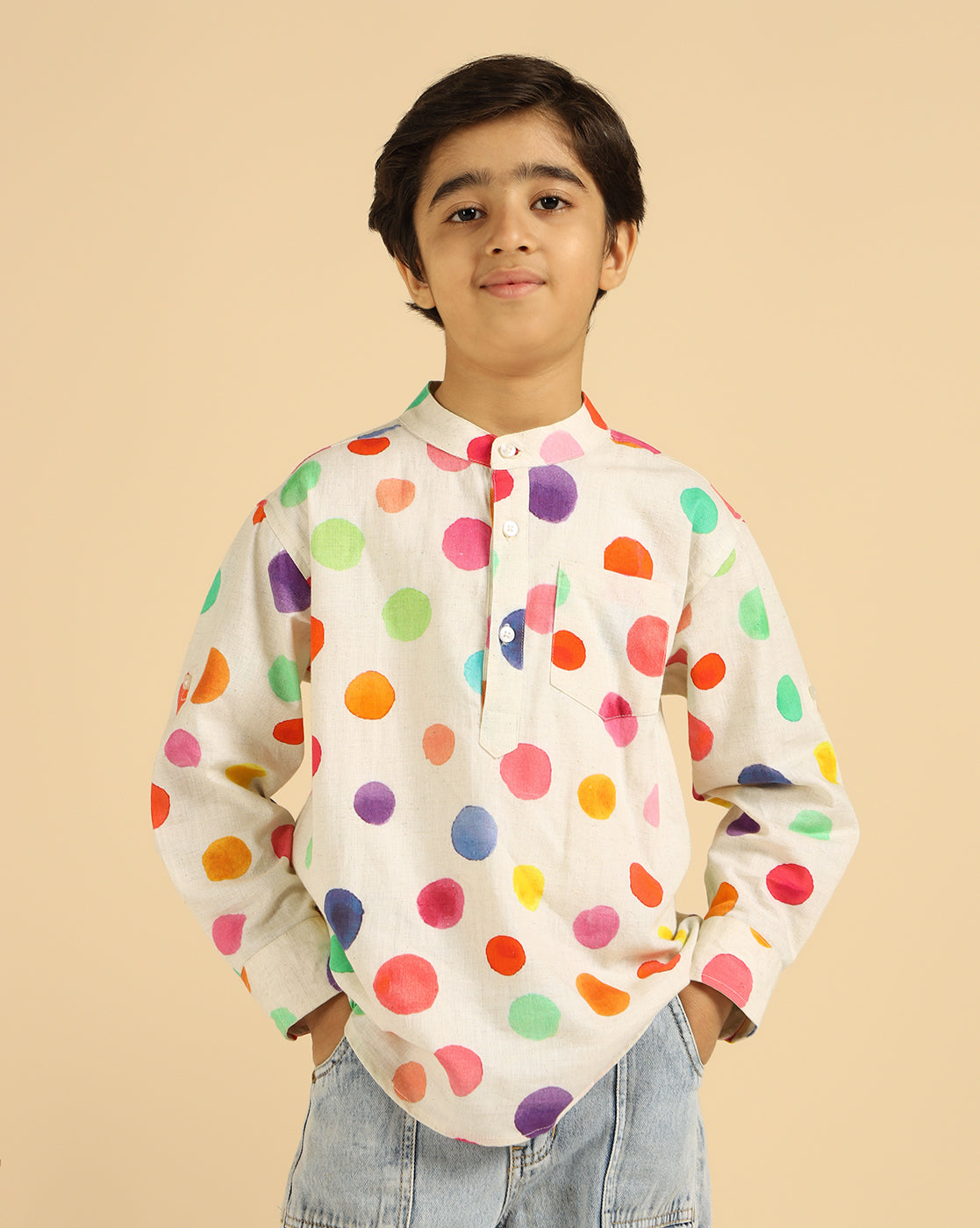 Pure Cotton Multi Color Polka Printed Boys Kurta