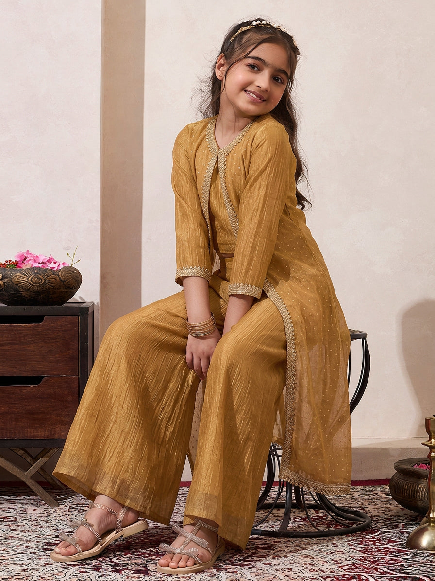 Golden Solid Shimmer Butta Shrug With Top & Palazzo Set