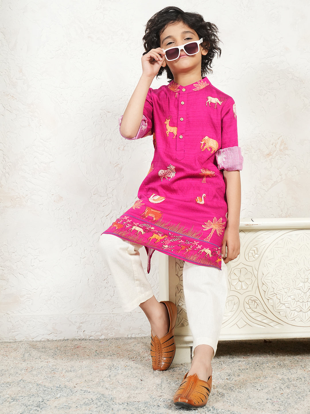 Animal Print Magenta Kurta For Boys