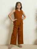 Girls Tan Brown Cotton Blazer With Pant Co-Ord Set