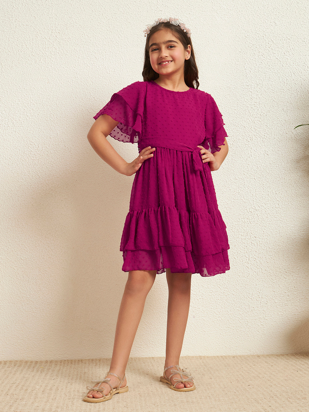 Girl's Magenta Dobby Georgette A-Line Tiered Dress