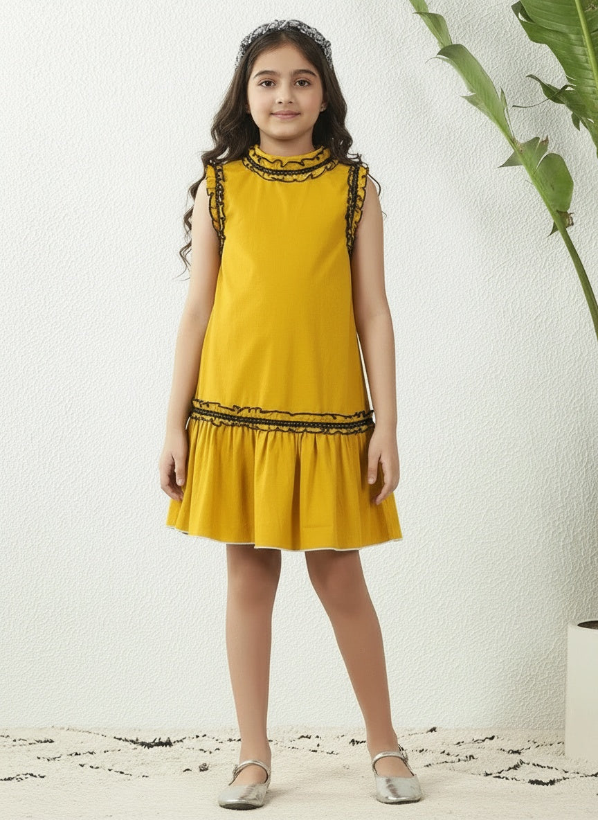 Yellow Cotton Poplin A-Line Above Knee Length Dress