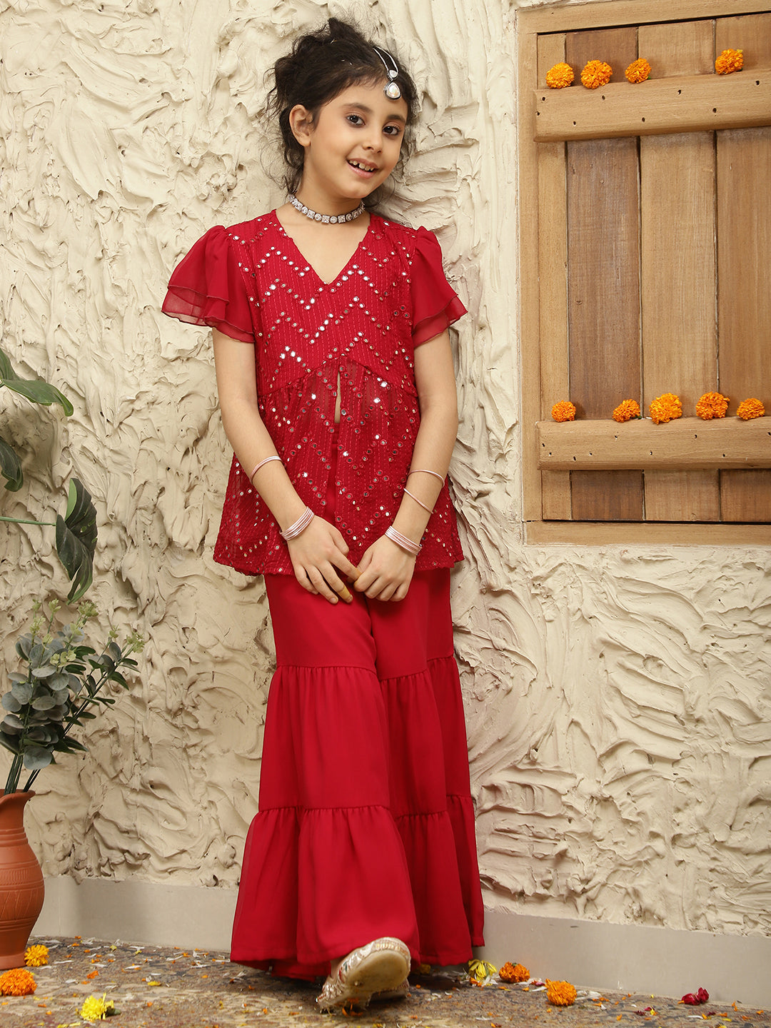 Pure Georgette Fusion Set With Bell Sleeves And Sharara