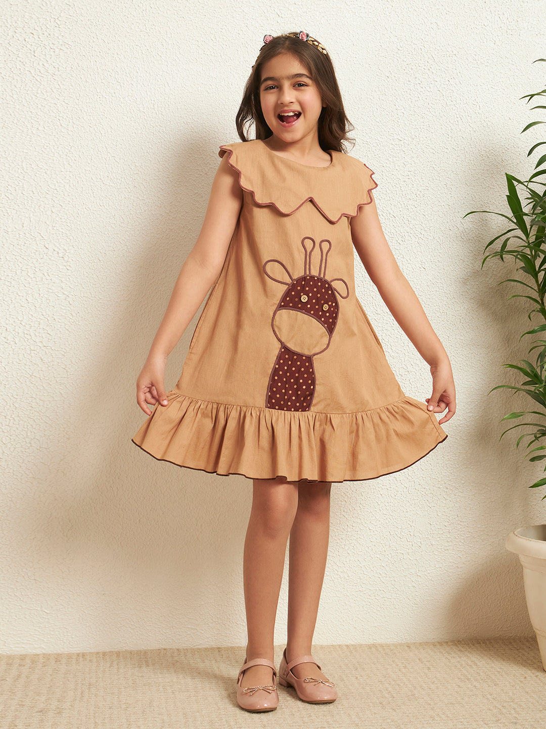 Girl's Beige Cotton Flex Solid With Polka Print Knee-Length A-Line Dress