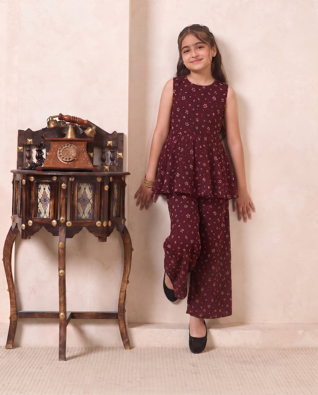 Girl's Wine Floral Print CHiffon Peplum Top & Palazzo Set