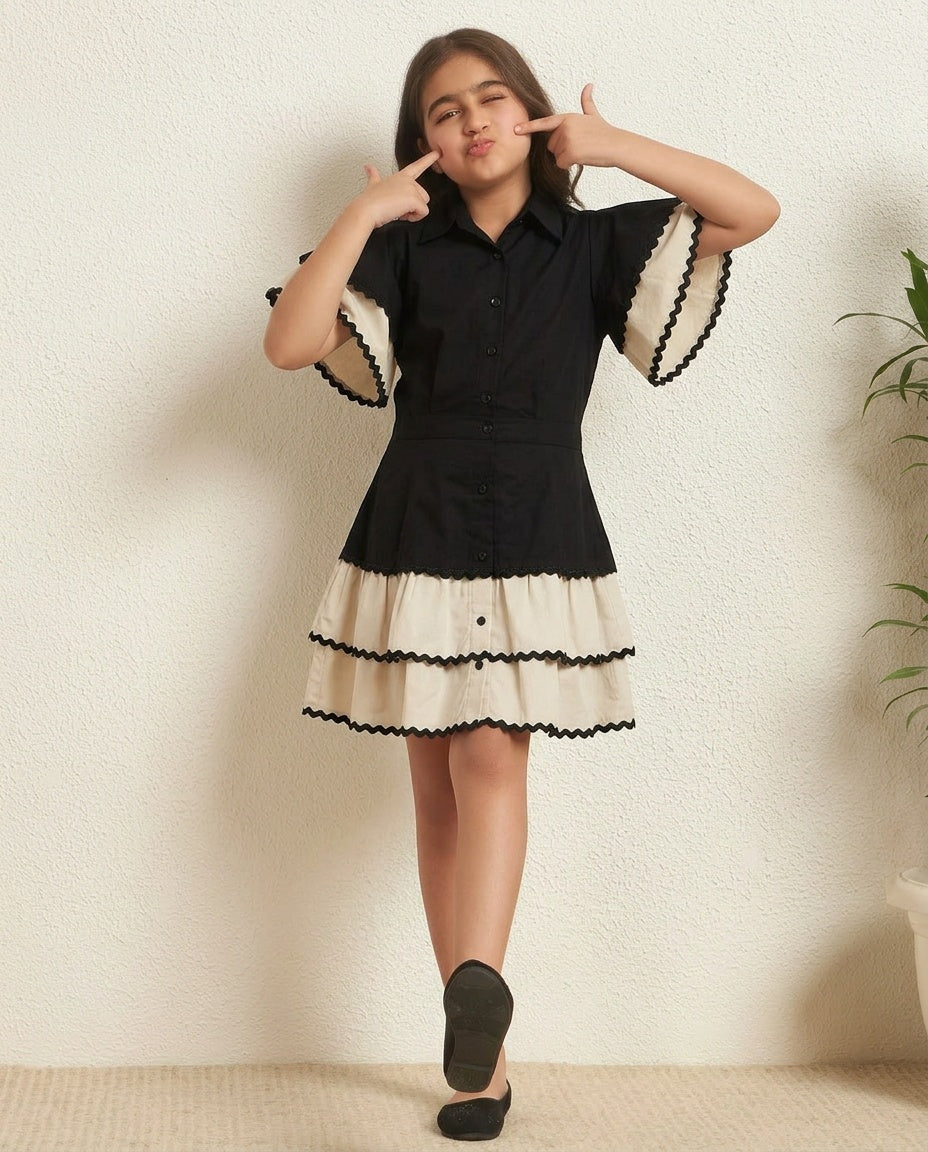 Border Lace Solid Shirt With Layered Skirt Girls Co-ord Set