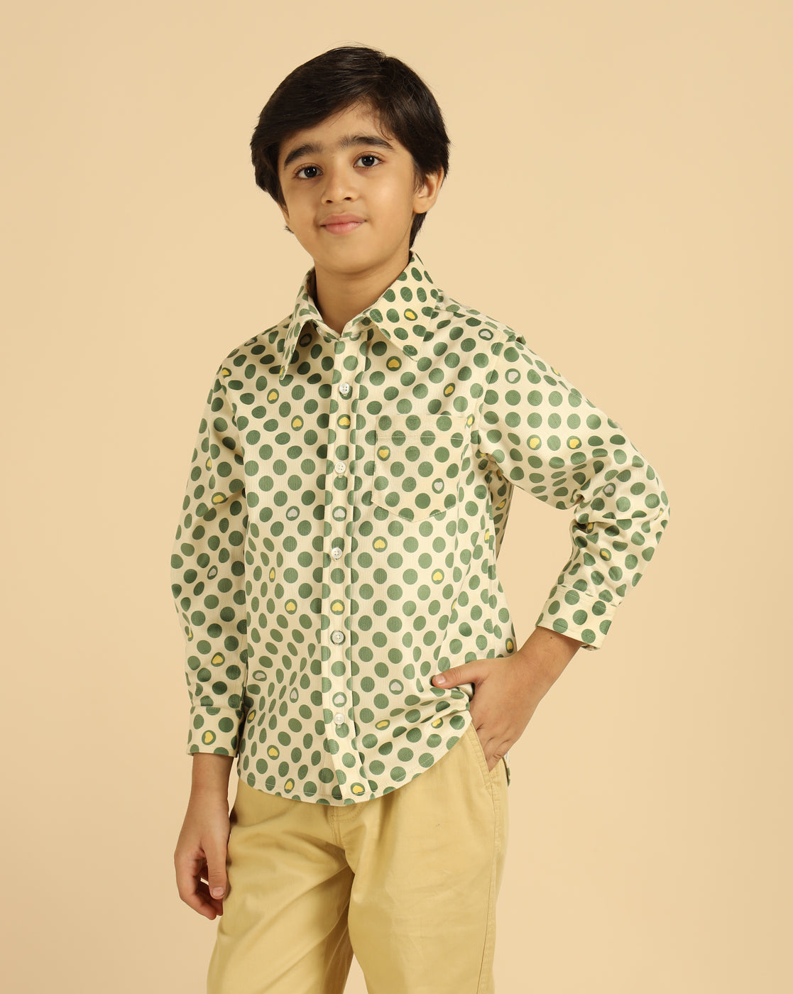 Green Pure Cotton Corduroy Polka Boys Shirt