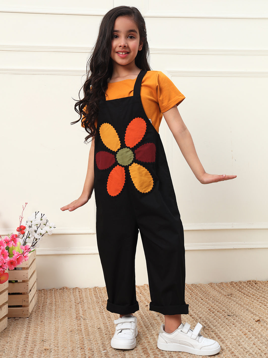 Multicolor Big Flower Patch Girls' Jumpsuit (T-shirt not included)