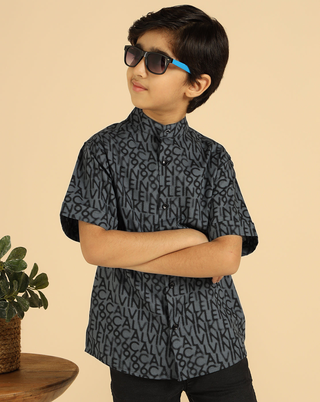 Pure Cotton Grey Alphabetic Printed Boys Shirt