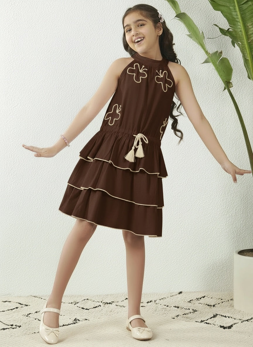 Girls' Brown Cotton Tiered Halter Dress with Butterfly Embroidery and Tassel Detail