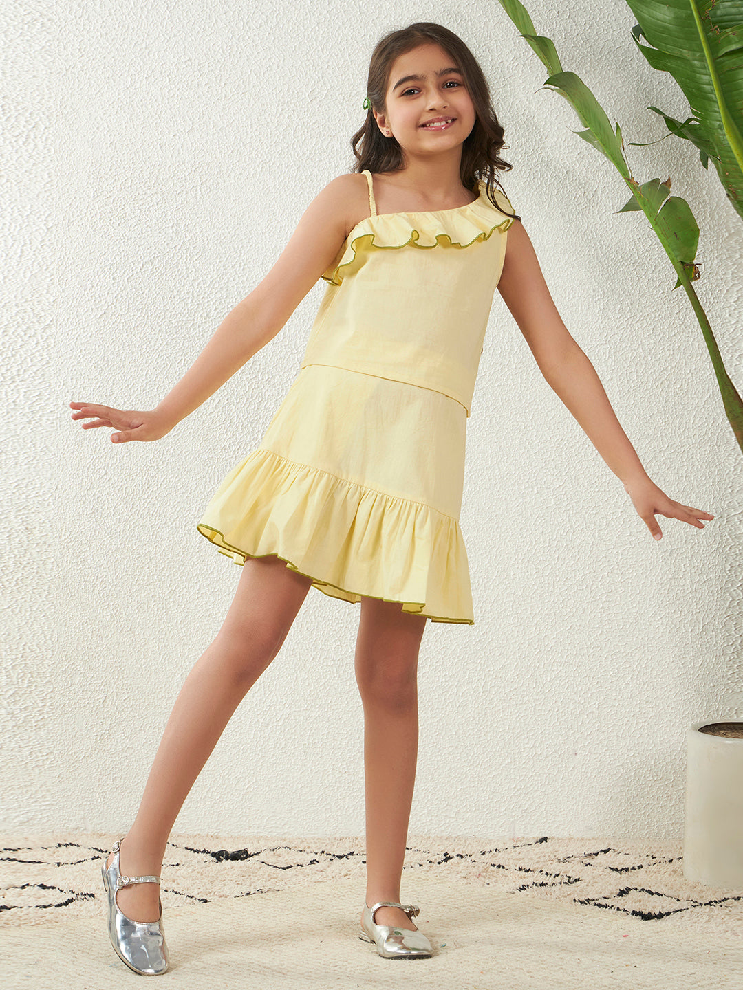 Lemon Yellow One Shoulder Top With Tiered Skirt Co-Ord Set