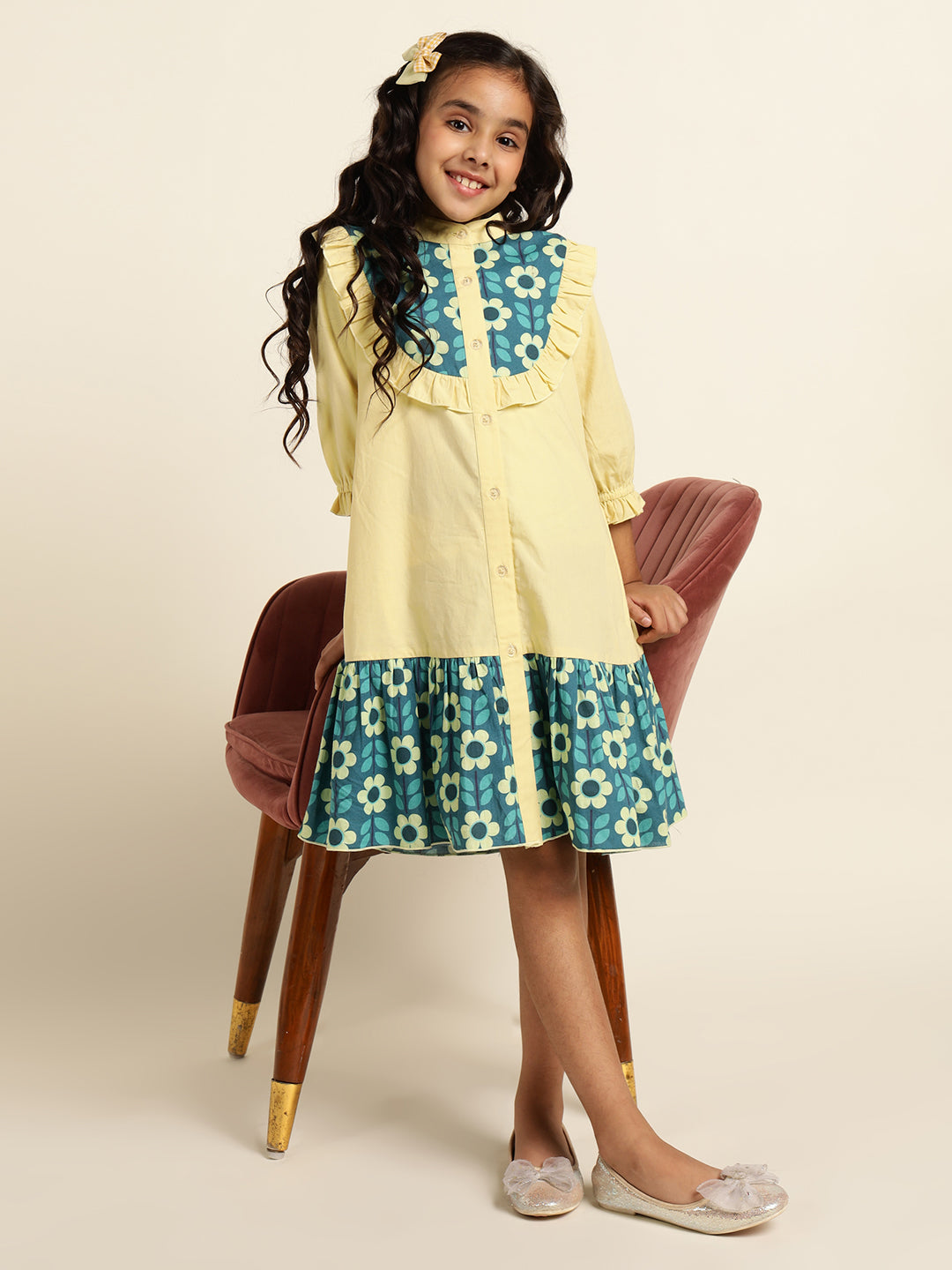 Pure Cotton Floral Printed Girls Tiered Shirt Dress