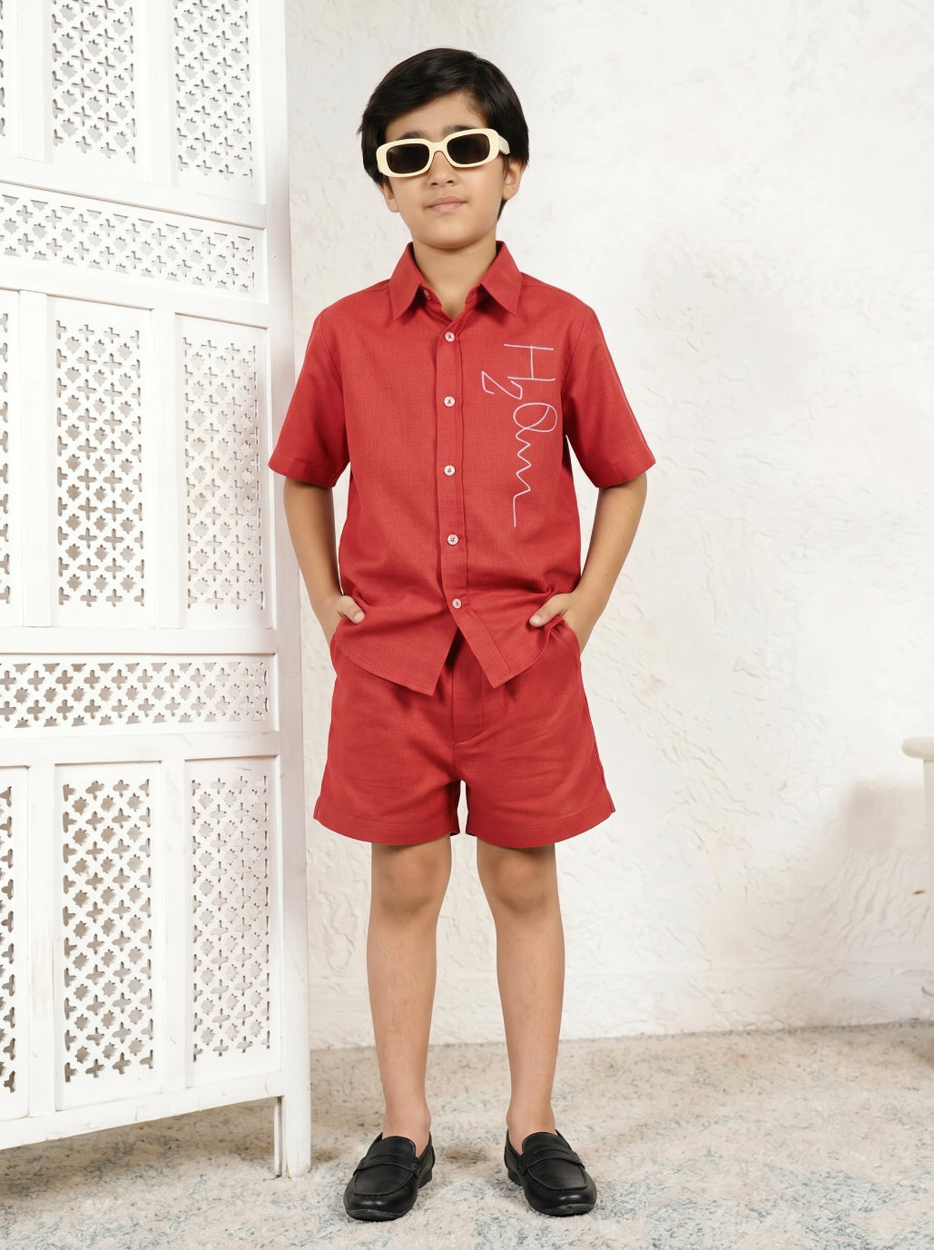 Red Cotton Printed Shirt Collar Shirt With Shorts Co-ord Set