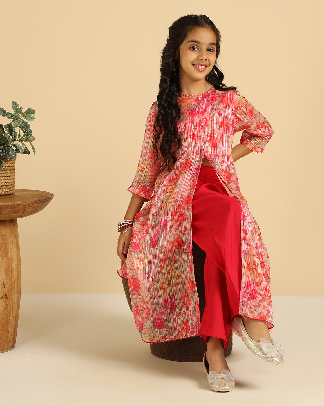 Magenta Floral Indo Western Girls Co-Ord Set