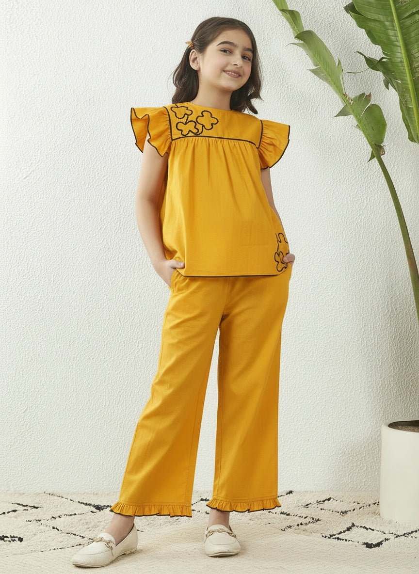 Girls Yellow Cotton Dori Work Top& Frill Pant Co-Ord Set