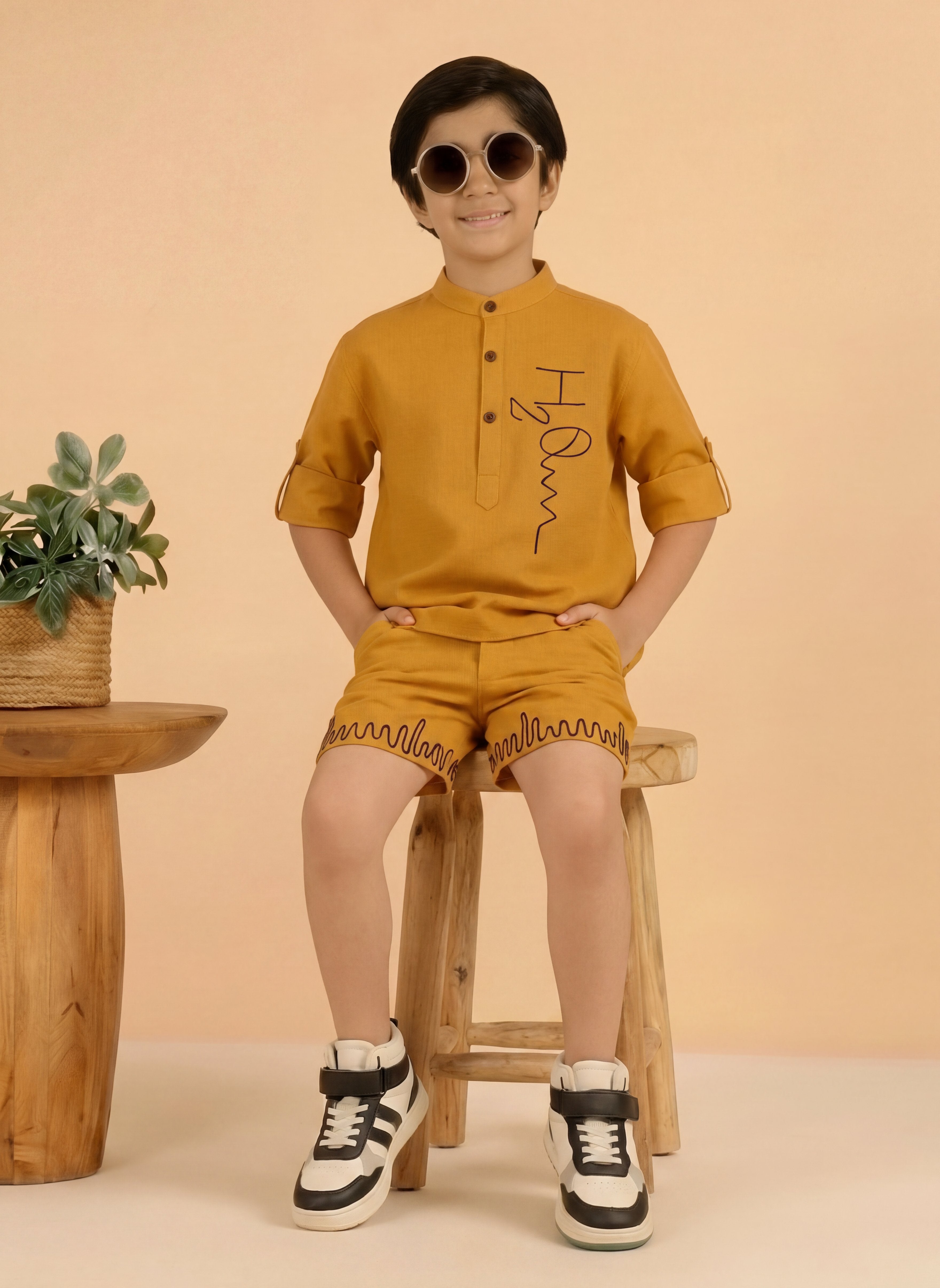 Yellow Cotton Mandarin Collar Embroidered Short Kurta With Short Co-ord Set