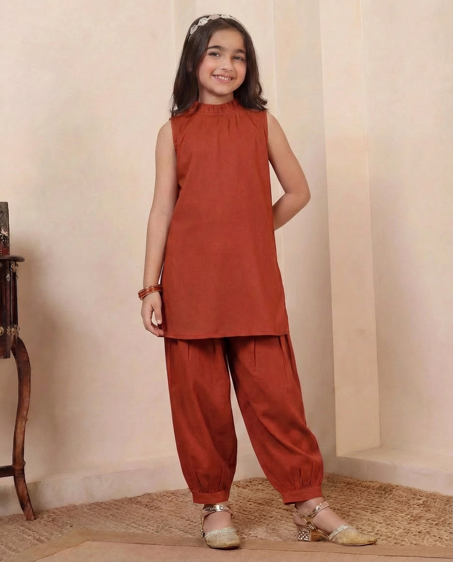 Brown Cotton Kurta With Gathered Pant Girls Co-ord Set