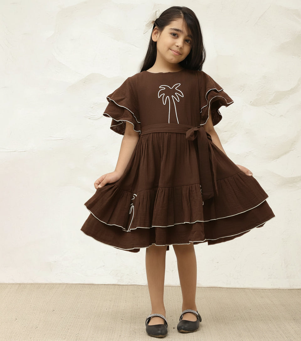 Embroidered Palm Motif Pure Cotton Dark Brown Dress For Girls