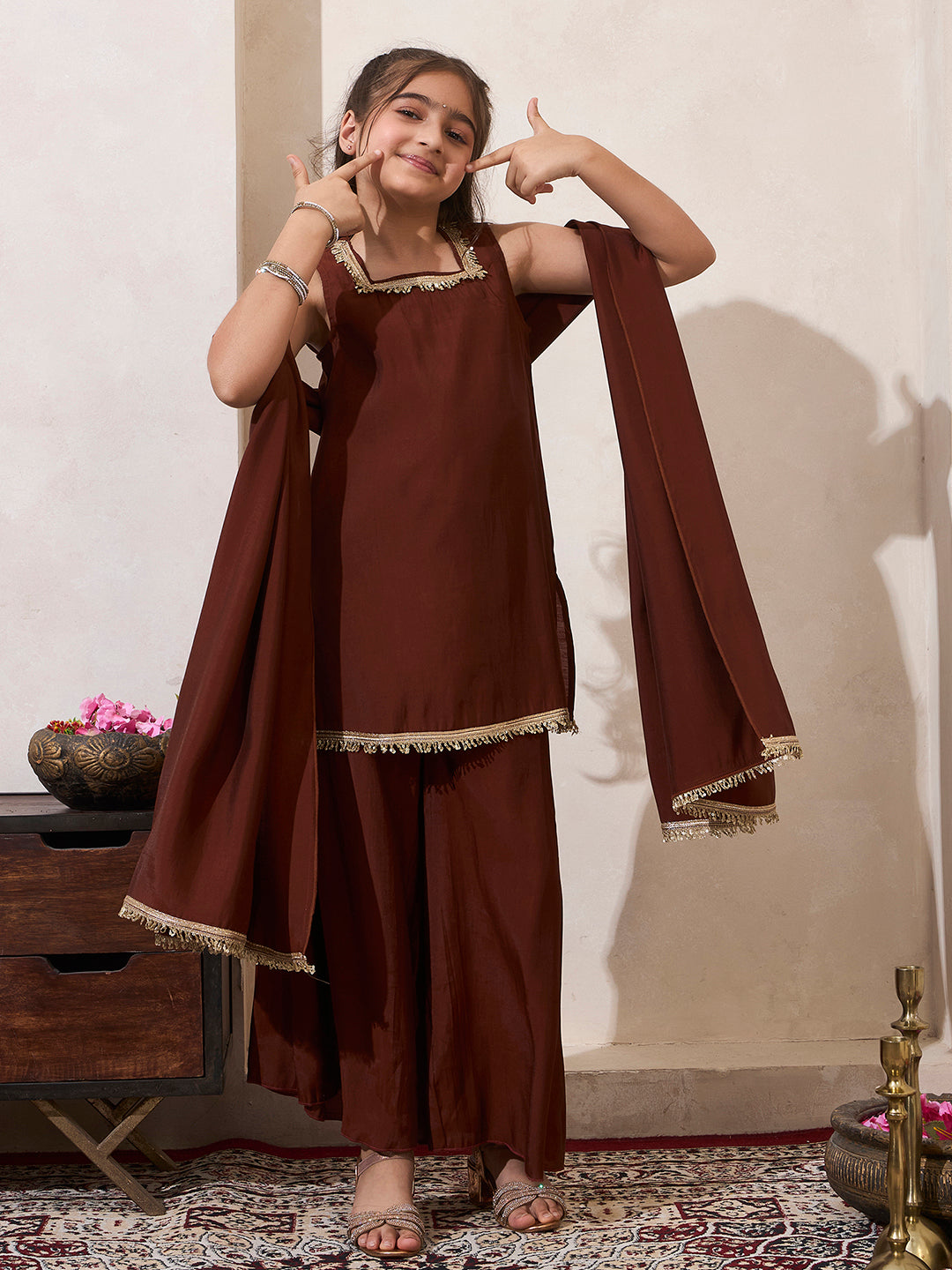 Girls Dark Copper Brown Short Kurti Palazzo Dupatta Set