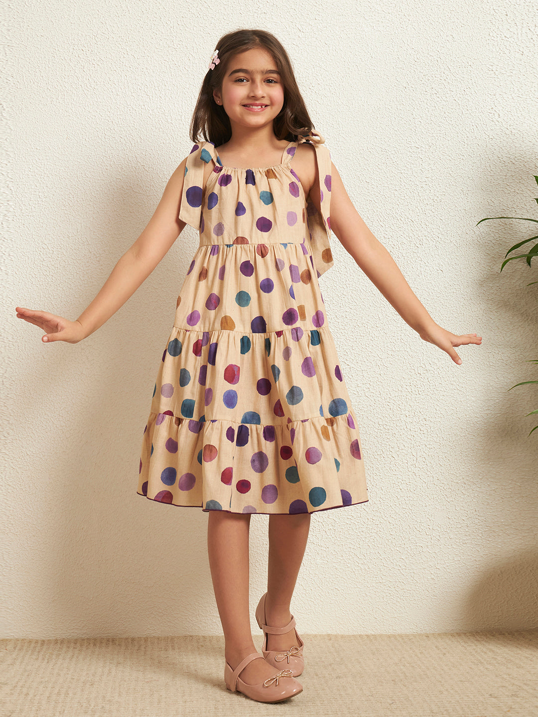 Girl's Multi Color Cotton Flex Polka Knot Tie-Up Style Dress