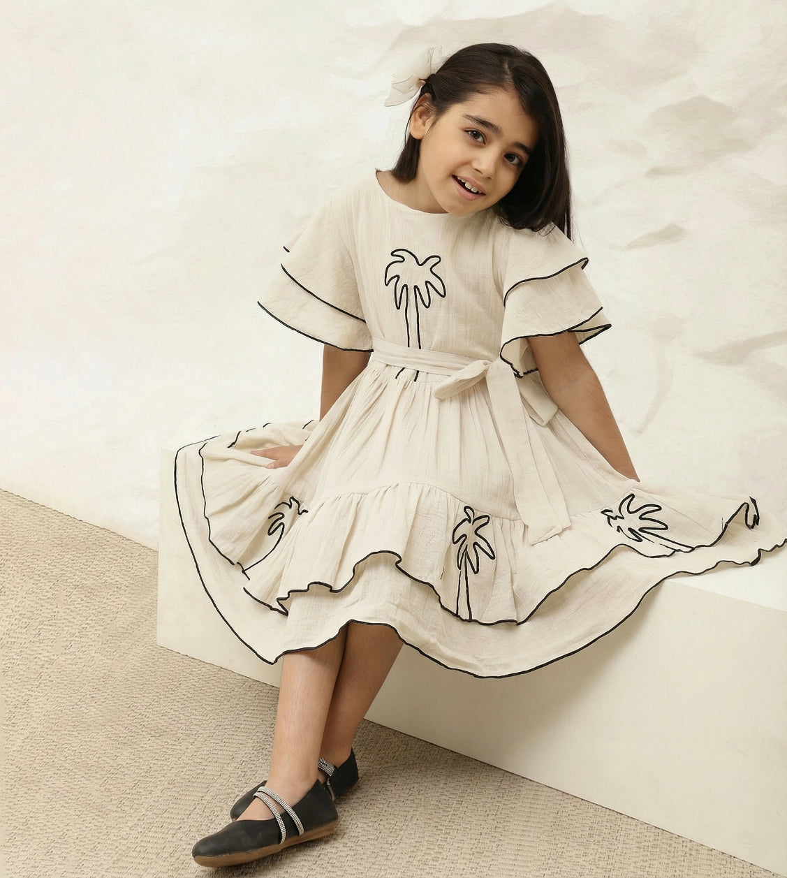 Embroidered Palm Motif Pure Cotton Gauze Dress For Girls