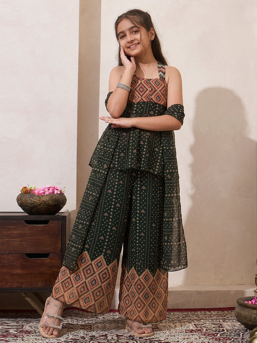 Black Bandhani Border Chiffon Peplum Top & Palazzo With Dupatta