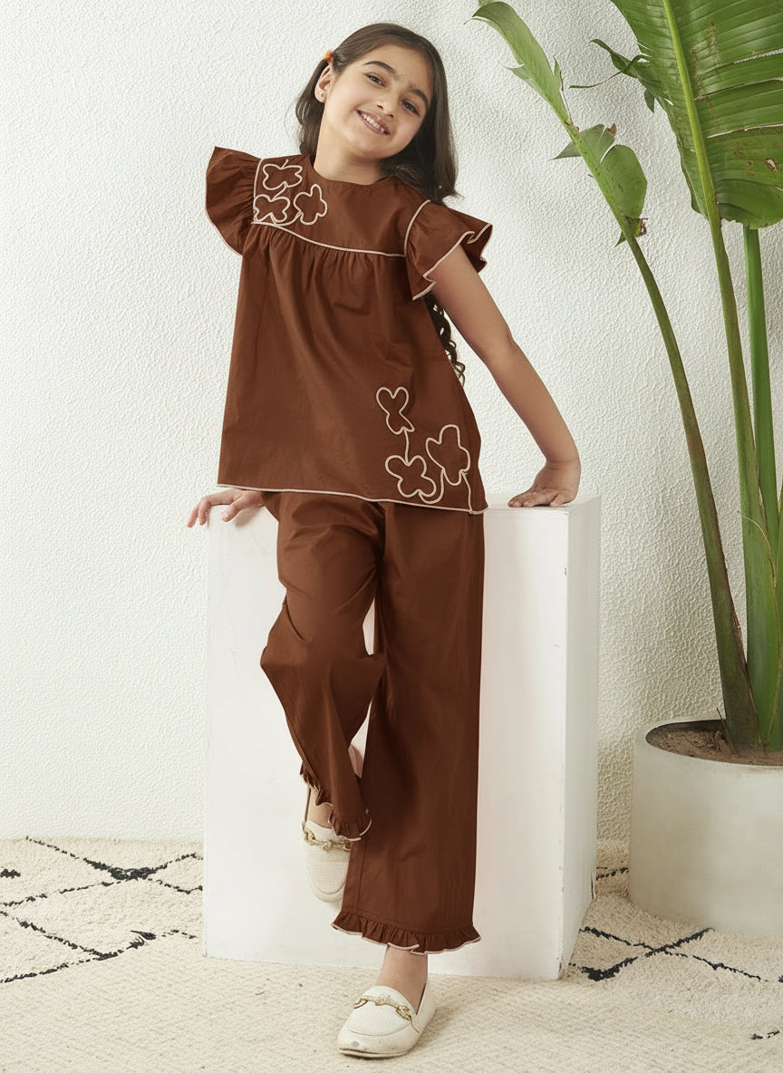 Girls Dark Brown Cotton Poplin Dori Work Top& Frill Pant Co-Ord Set